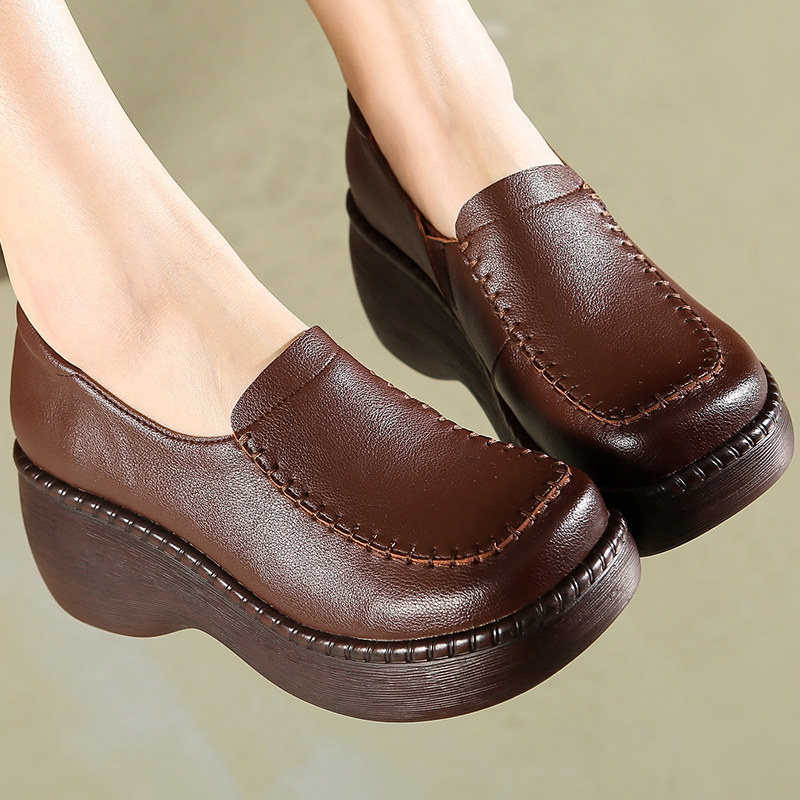 复古棕色女鞋厚底单鞋女式胖脚皮鞋舒适宽松休闲中年妈妈鞋34小码