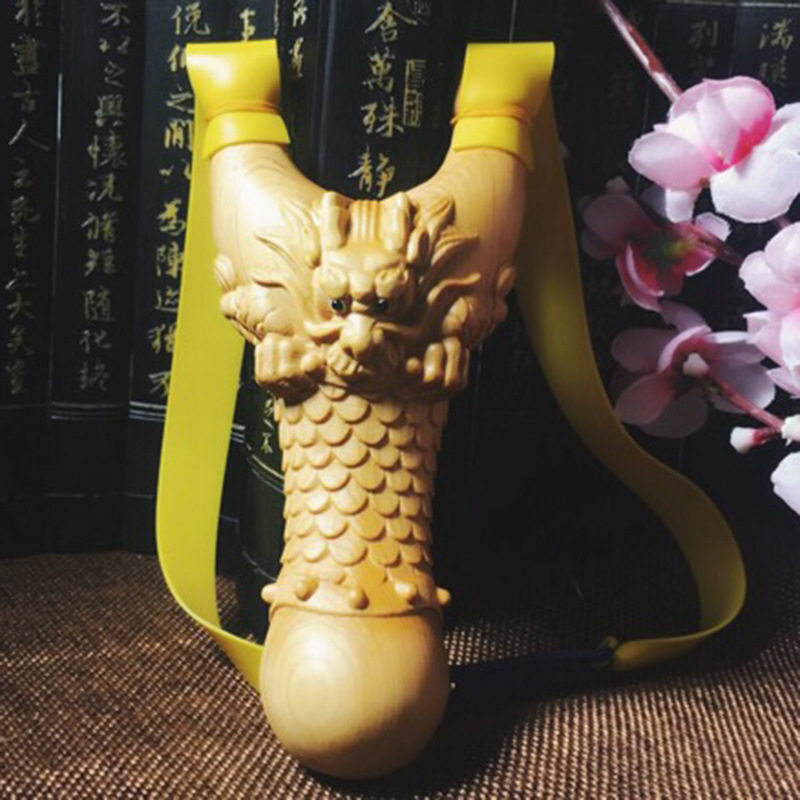 黄杨木龙头弹弓手把件 实木胖飞虎龙王弹弓皮筋儿童玩具户外运动