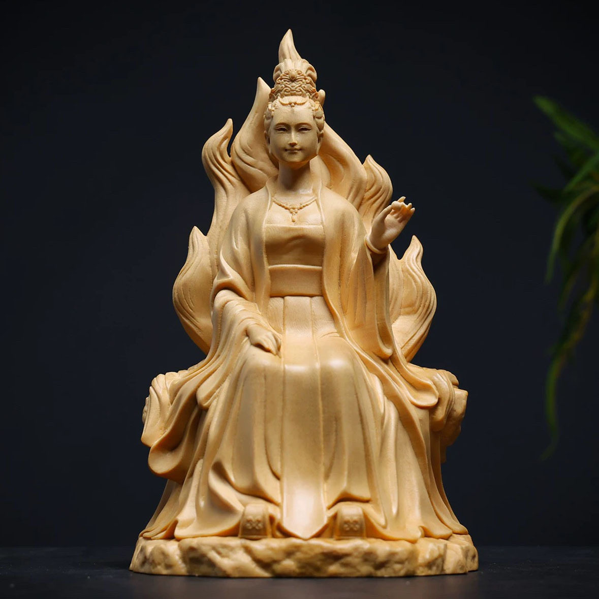 桧木精雕九尾狐泰山娘娘供奉神像摆件 景区青丘女神九姑娘工艺品