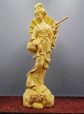 黄杨木雕打伞美女摆件江南烟雨美