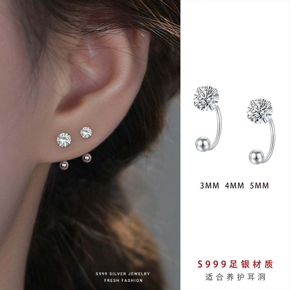 通体S999纯银超闪四爪锆石拧螺丝耳钉女小众足银耳饰轻奢简约百搭