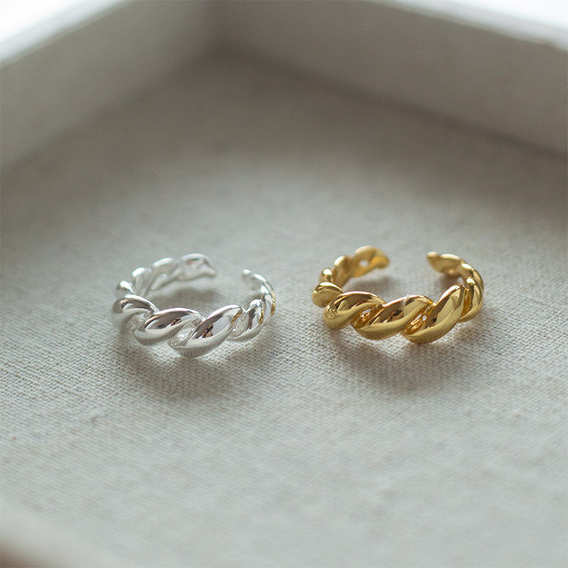 通体S925纯银牛角包麻花戒指