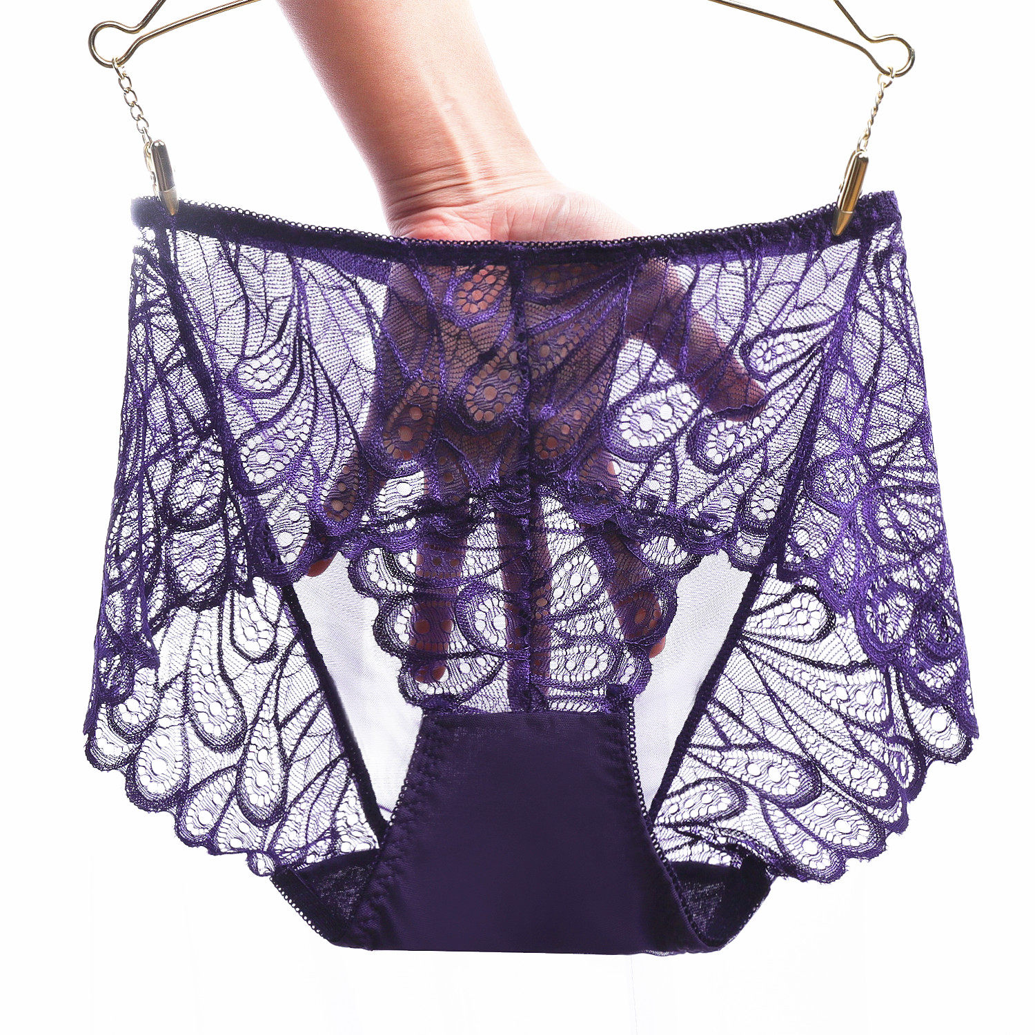 春夏上新全透明蕾丝网纱性感女内裤中腰无痕透气镂空三角裤女棉档