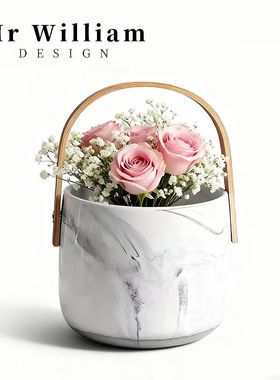 MR William 北欧轻奢陶瓷大理石纹竹子提手收纳罐子摆件创意花盆