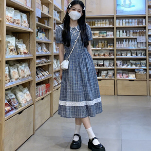 少女甜美娃娃领格子连衣裙夏新款初高中学生时尚洋气学院风中长裙