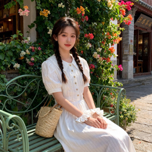 甜美减龄娃娃领连衣裙夏学院风小白裙初高中大学生法式气质中长裙