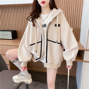 高中女生加绒加厚休闲开衫外套秋冬新款初中学生潮流ins时尚卫衣