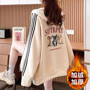 初中生加绒加厚连帽外套女时尚冬装高中学生宽松一体绒卫衣棒球服