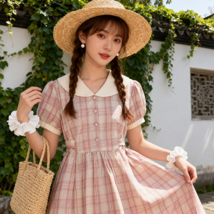 温柔学院风格纹连衣裙夏漂亮裙子初高中学生甜美减龄娃娃领中长裙
