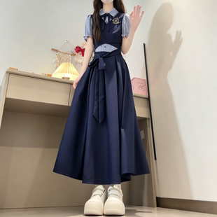 少女假两件学院风连衣裙夏季新款初高中大学生收腰显瘦减龄长裙子