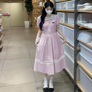 少女甜美气质学院风连衣裙夏新款初高中学生潮流时尚娃娃领中长裙