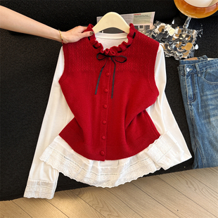 小香风长袖衬衫马甲两件套2026春秋新款初高中学生针织背心毛衣女