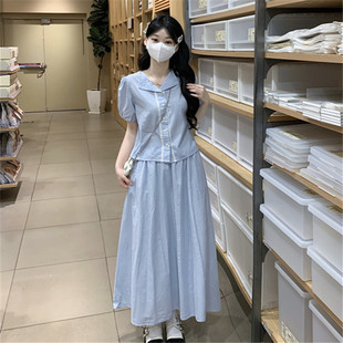 高中女生甜美学院风套装 中长裙 裙夏季 裙子两件套初中学生洋气时尚