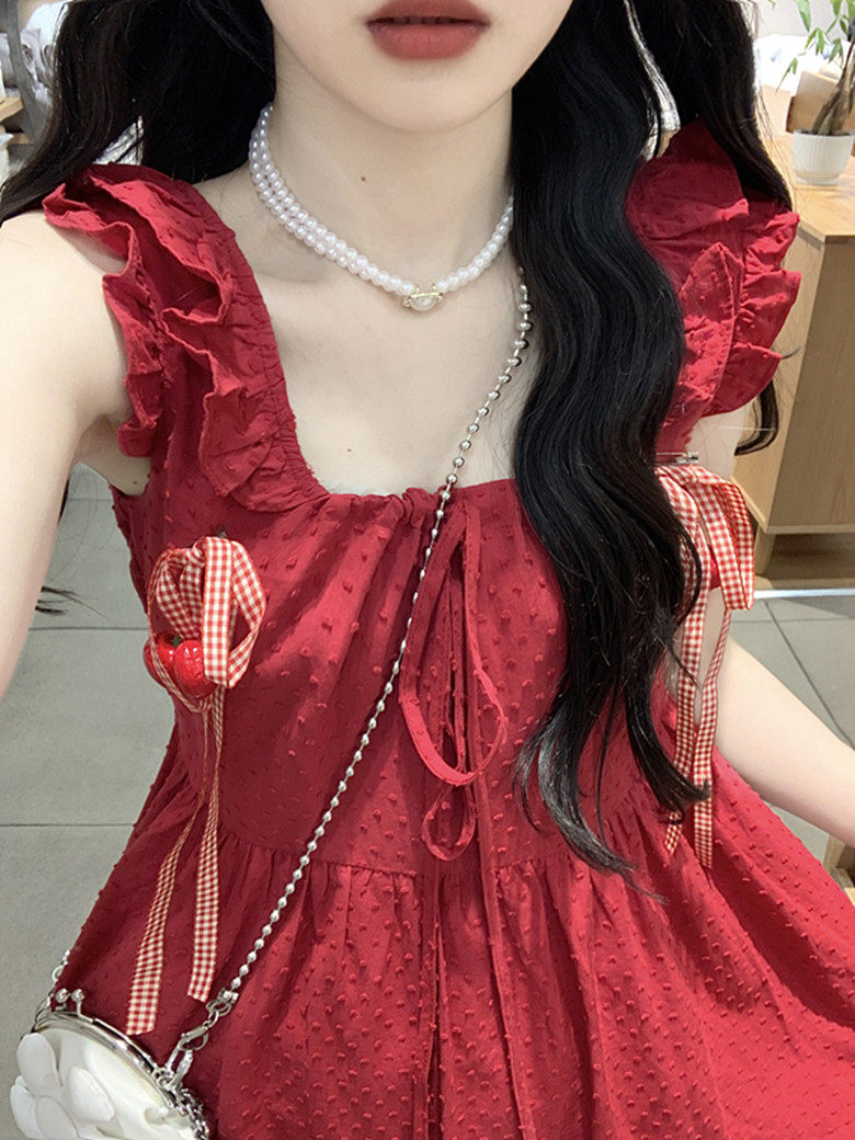 高中女生背带连衣裙红色裙子夏时髦设计感背心裙甜美气质背带长裙