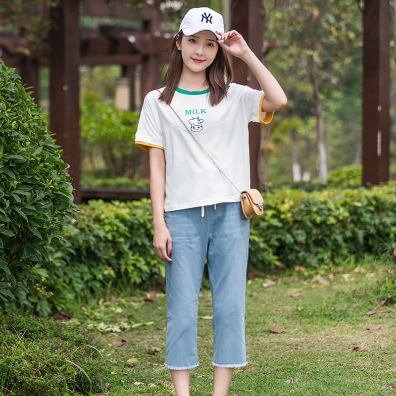 少女休闲套装13岁学生14夏天牛仔裤15初中16高中17女孩运动两件套