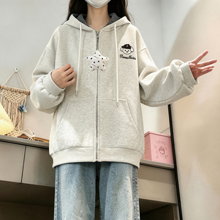秋冬加绒加厚连帽开衫卫衣女初高中学生休闲运动学院风棒球服外套