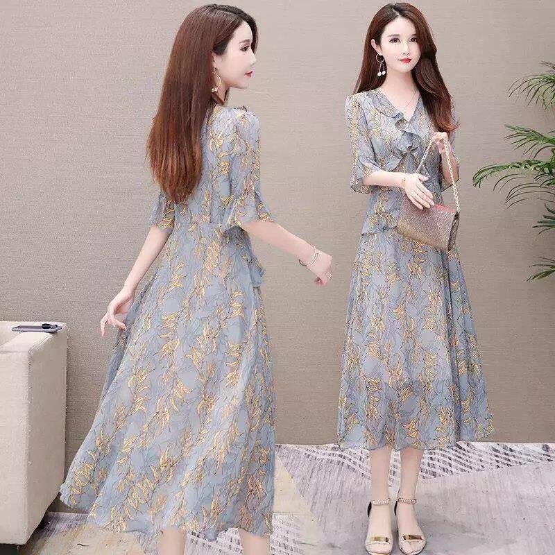 Large print dress women's Korean new summer floral flared sleeves loose and slim skirt