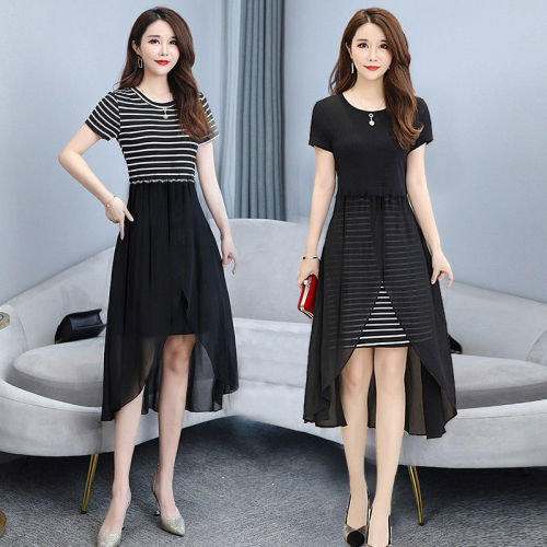 Large women's slim dress stripe stitching fake two-piece A-line skirt slim mid long skirt