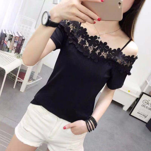 2021 summer new Crochet cut out lace stitching off shoulder one line neck cotton short sleeve T-shirt women's versatile top