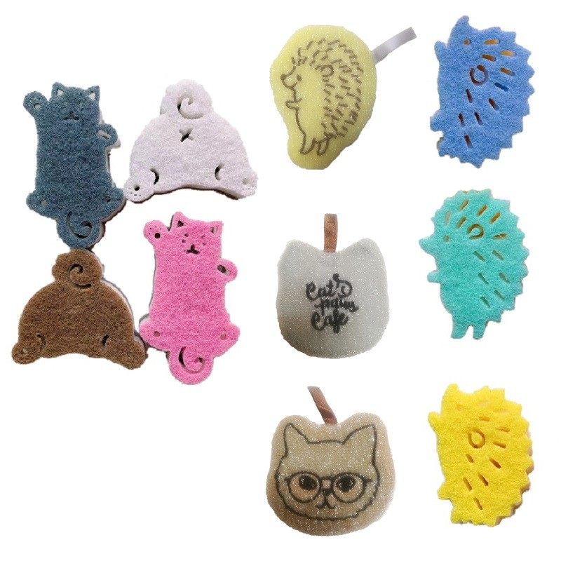 6个包邮 出口日本卡通动物海绵擦刺绣厨房清洁洗碗擦锅油烟机带绳