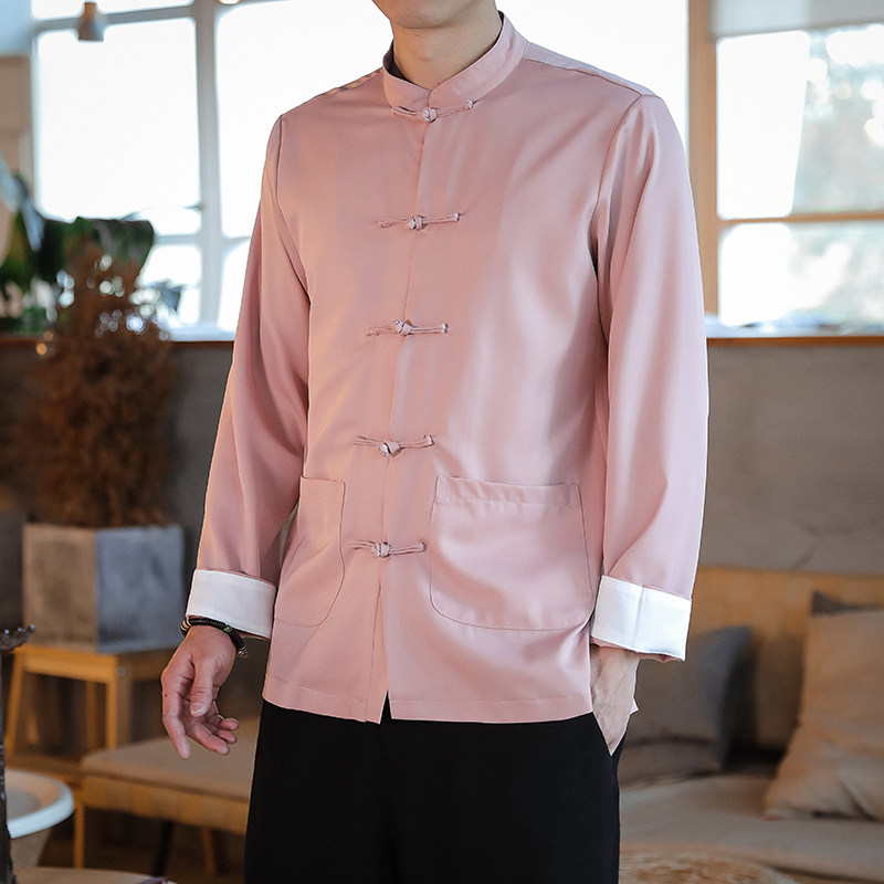 T916*风盘扣唐装立领古风坠感仿真丝衬衫禅服*P65,男装衬衫,星座1516（原B303）