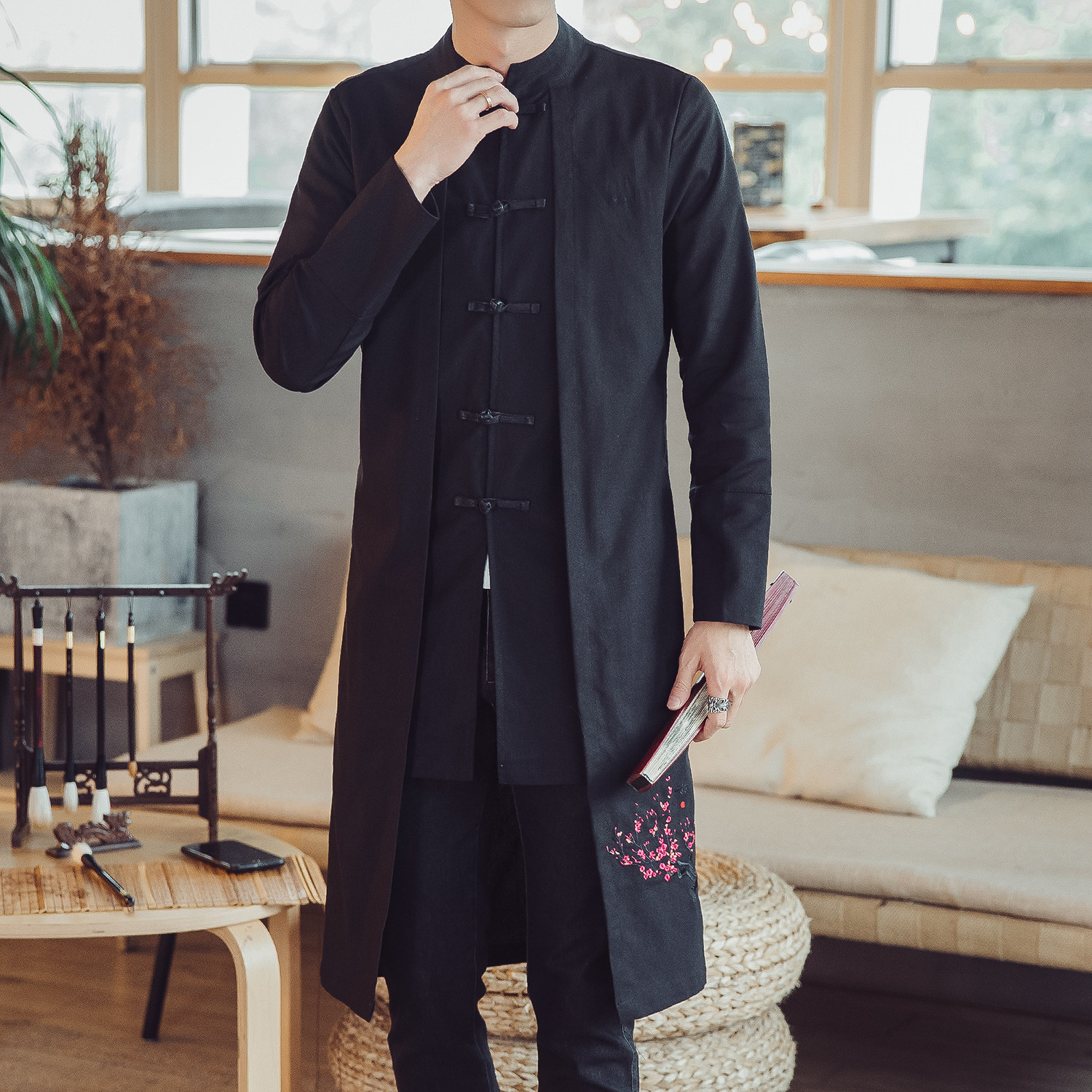 W201*风立领长款风衣盘扣绣花复古风外套潮禅服*P85，男装风衣，星座1516（原B303）