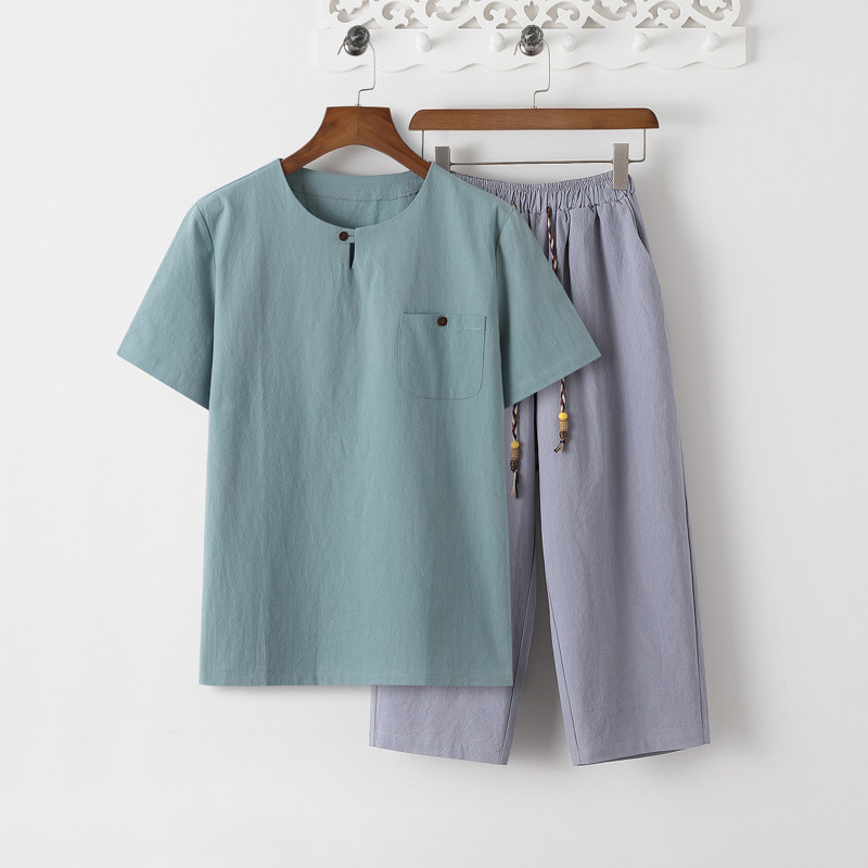 8086*夏季风唐装禅服棉麻短袖古风透气T恤套装男居仕服*P55,男装T恤,星座1516（原B303）