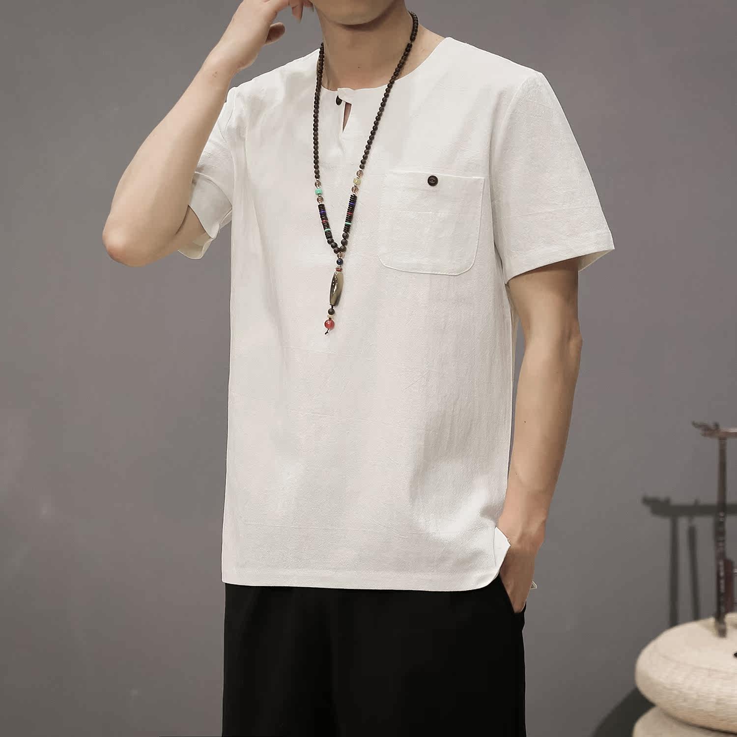 T80*夏季风唐装禅服棉麻短袖古风透气T恤男居仕服*P25,男装T恤,星座1516（原B303）