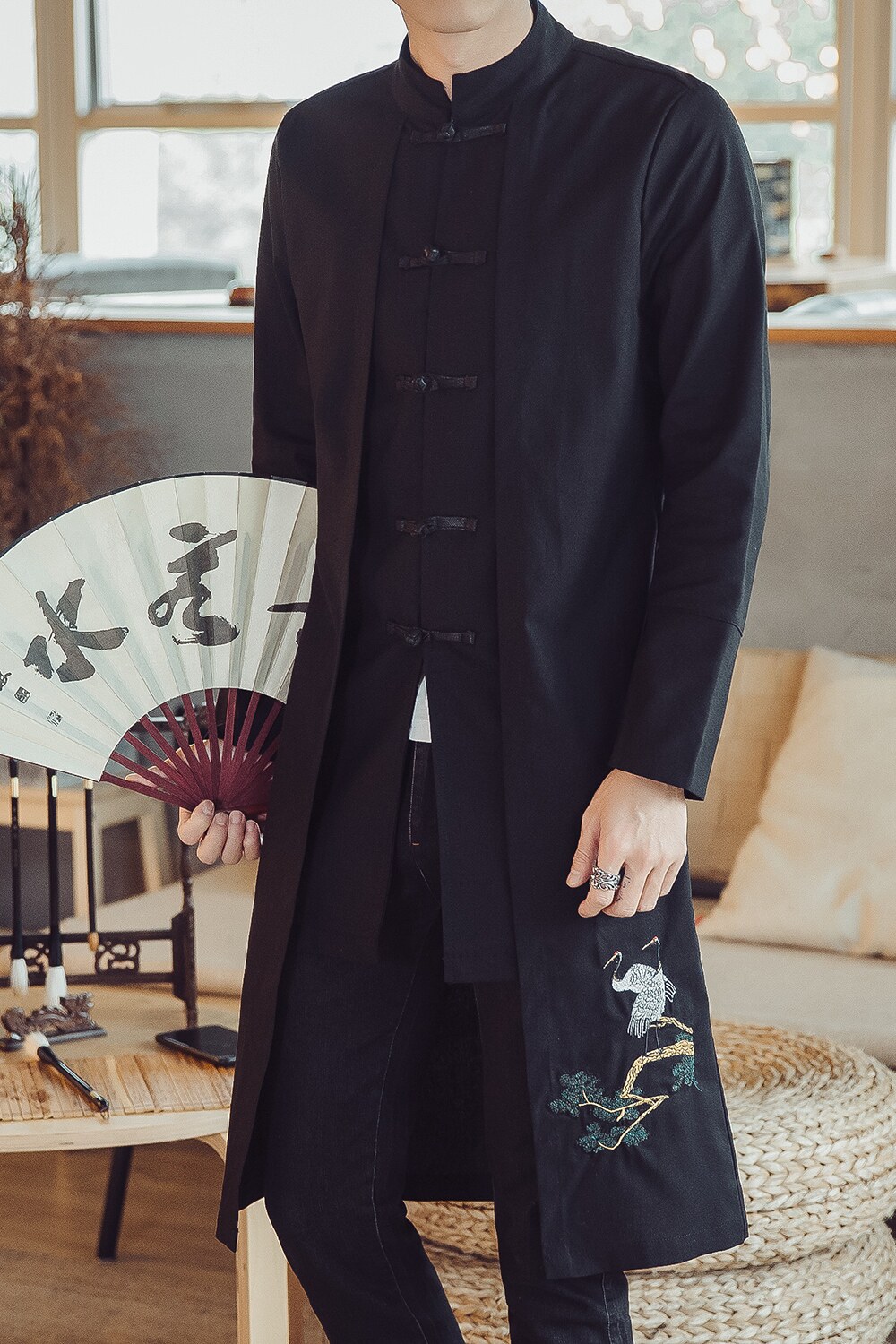 W201*风立领长款风衣盘扣绣花复古风外套潮禅服*P85,男装风衣,星座1516（原B303）