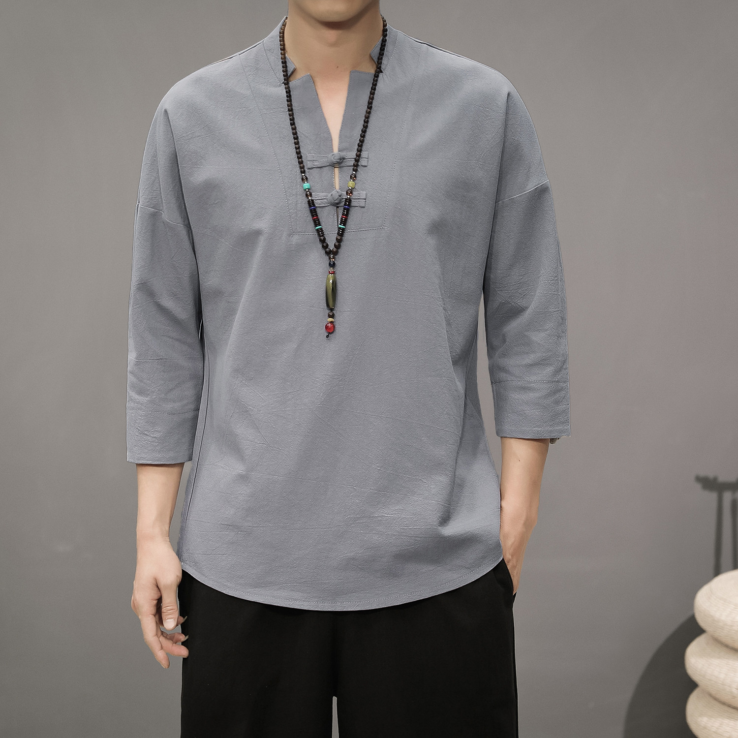 T819*风男士盘扣复古棉麻透气中袖古风T恤居士服禅服*P40,男装T恤,星座1516（原B303）