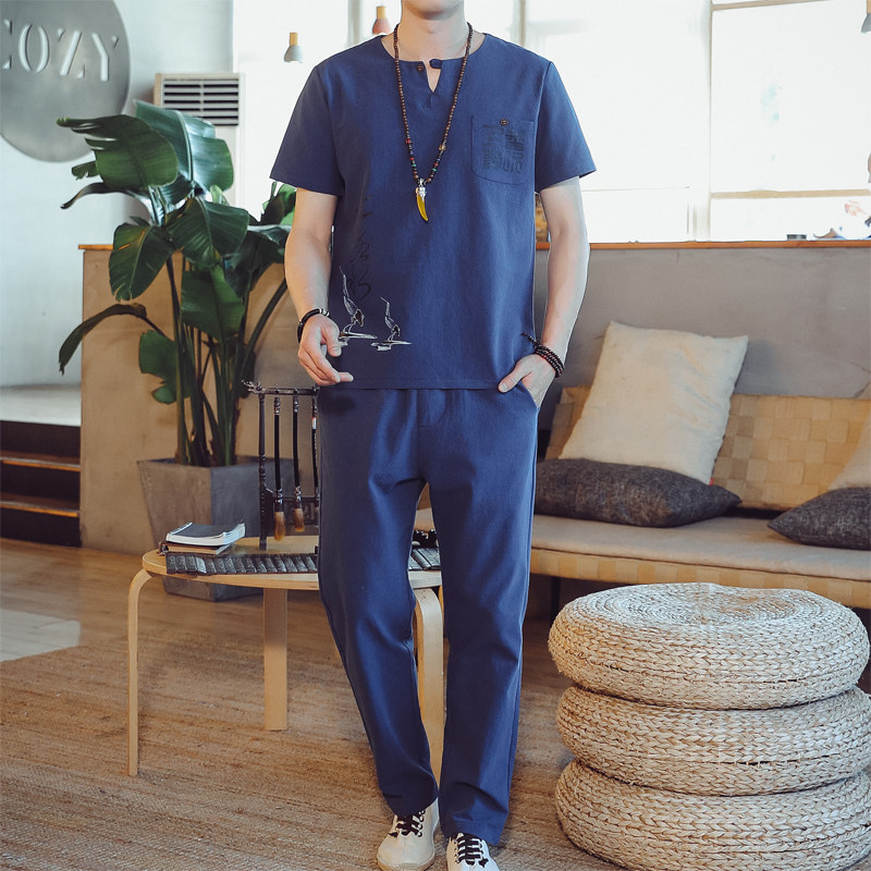 DY35* 夏季风男士棉麻短袖T恤套装长裤两件套装男 藏青 *图片