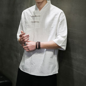 T910* 风落肩中袖暗纹提花古风居仕服复古茶服T恤男禅服 *P55图片