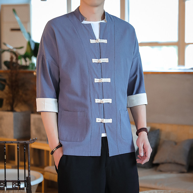 T915* 古风盘扣撞色唐装茶服中袖衬衫居仕服纯色禅服 *P55图片