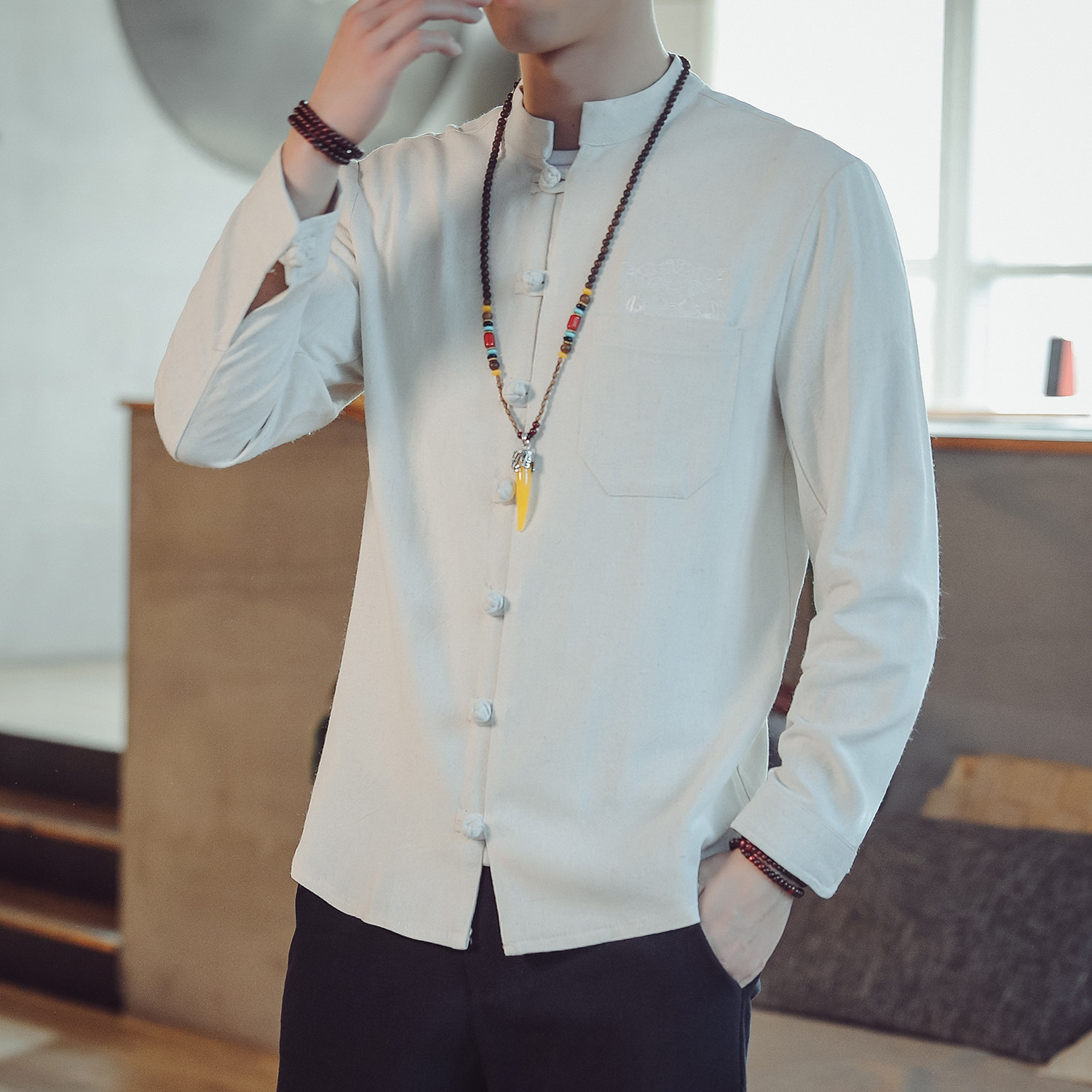 T83*2021男士长袖棉麻修身休闲衬衣男麻料口袋衬衫白色*,男装衬衫,星座1516（原B303）