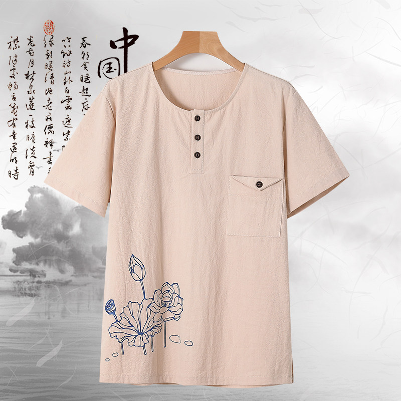 DY33*夏季潮风男士棉麻短袖T恤套装中年两件套男装灰蓝*,男装T恤,星座1516（原B303）