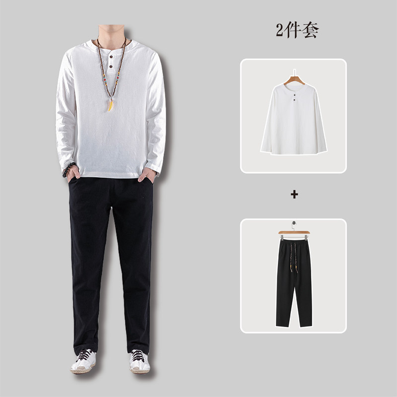 81288*风立领复古棉质长袖T恤男古风两件套禅服居士服*P70,男装T恤,星座1516（原B303）