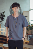 T85*夏季风古风绣字盘扣短袖T恤禅服居仕服*P38，男装T恤，星座1516（原B303）