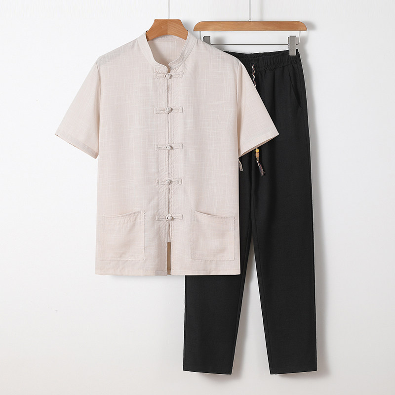 81678*风中老年男装夏汉服唐装居士服短袖衬衫套装*P70,男装T恤,星座1516（原B303）