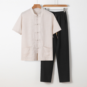 81678 * 风中老年男装夏汉服唐装居士服短袖衬衫套装 *P70图片