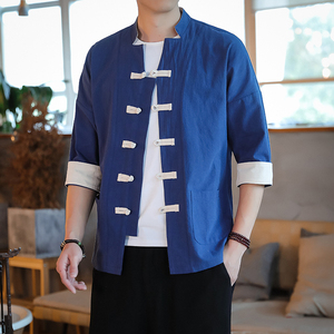 T915* 古风盘扣撞色唐装茶服中袖衬衫居仕服纯色禅服 *P55图片