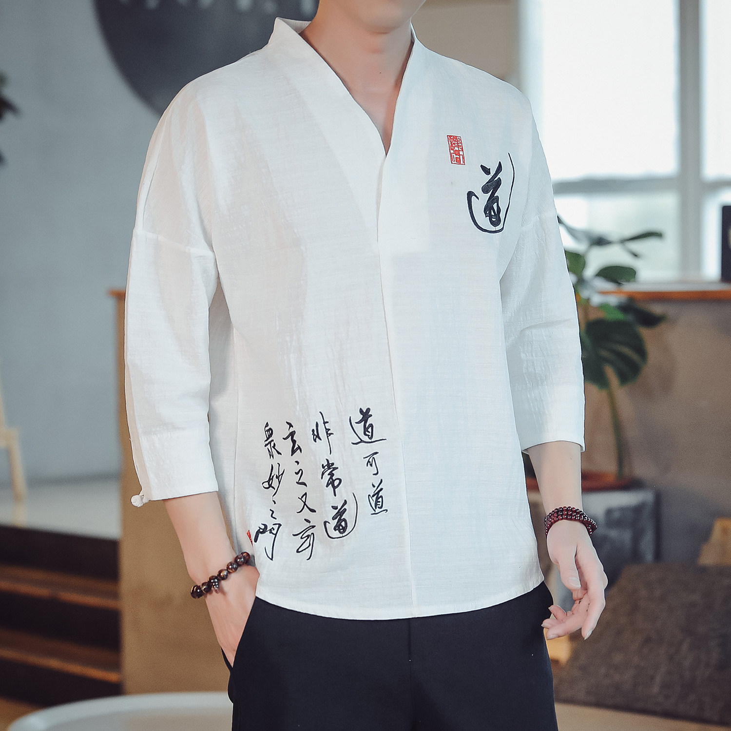 T89*夏季风禅服道字绣花棉麻中袖T恤男古风居士服*P45,男装T恤,星座1516（原B303）
