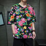 T923*风复古东北大花布中袖棉质大码古风T恤男*P28，男装T恤，星座1516（原B303）