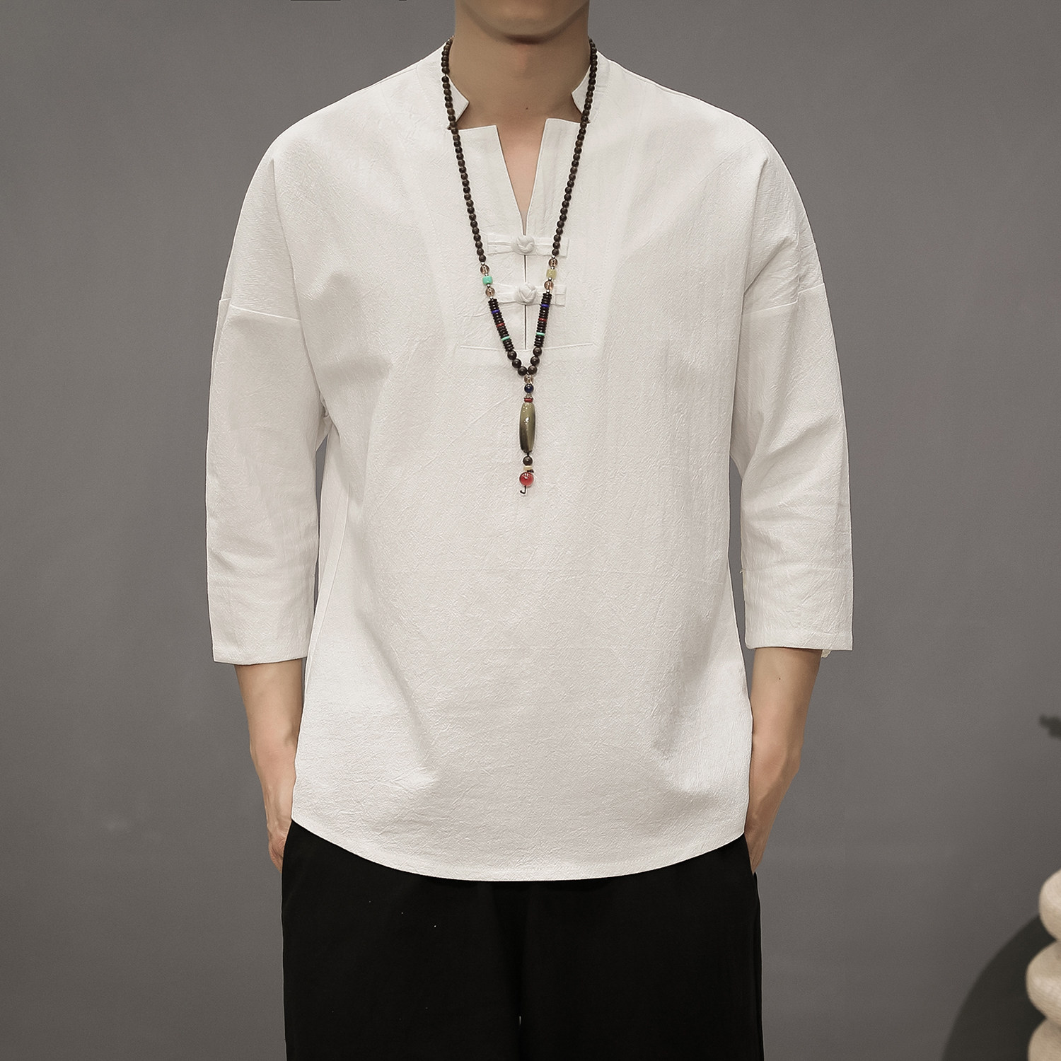 T819* 夏季风男士盘扣复古棉麻中袖古风中袖T恤衫 白色 *图片
