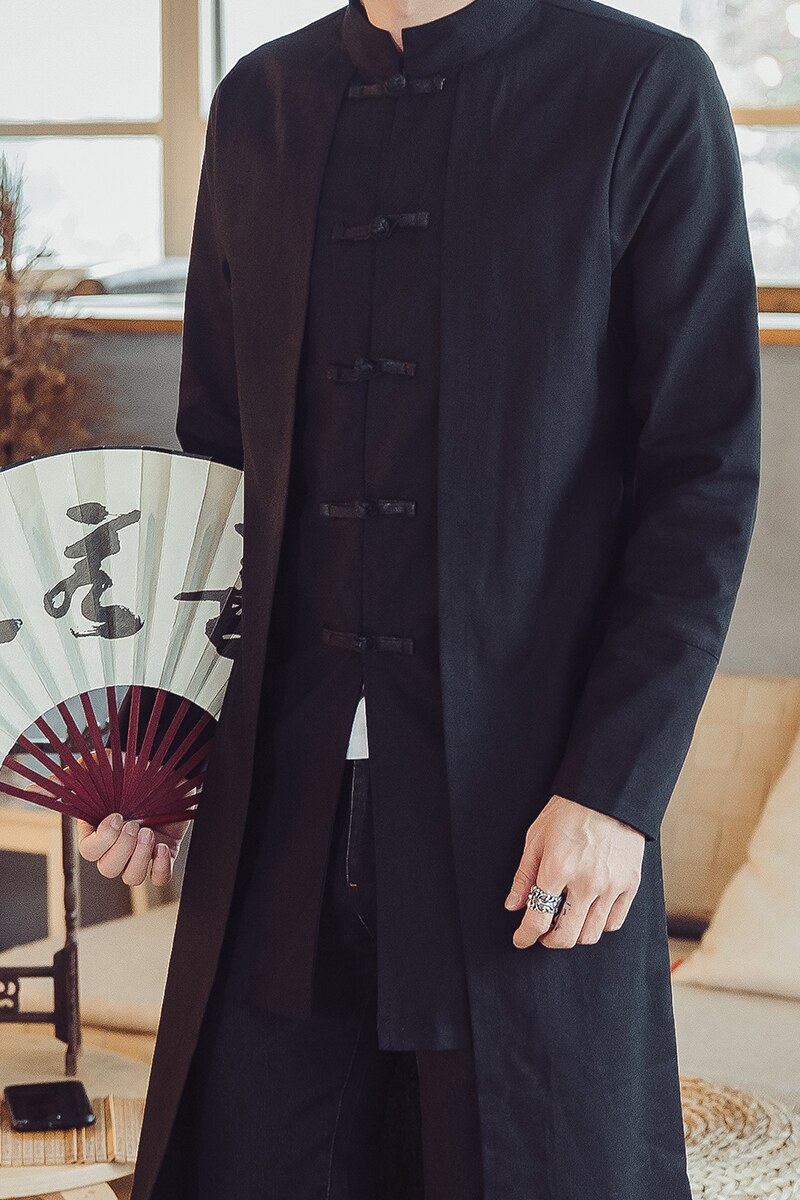 W201*风立领长款风衣盘扣绣花复古风外套潮禅服*P85,男装风衣,星座1516（原B303）