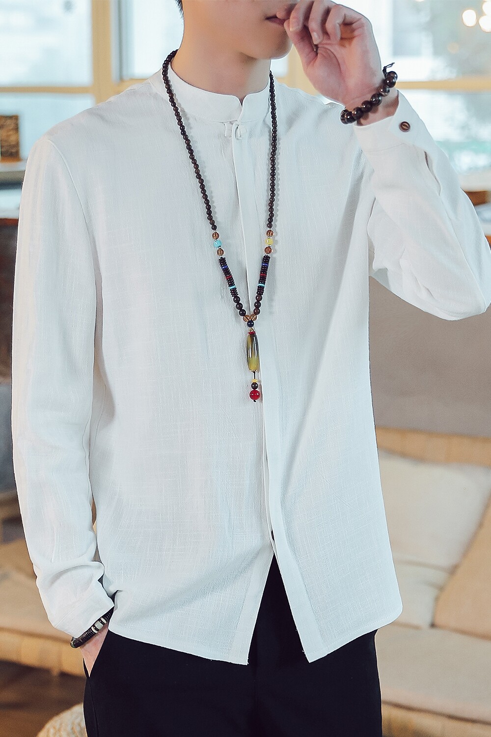 T90*古风长袖衬衫立领禅服居仕服风盘扣棉麻衬衫男*P55,男装衬衫,星座1516（原B303）