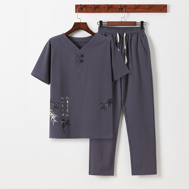 DY36* 风棉麻短袖T恤套装中年爸爸装两件套禅服居仕服 *P65图片