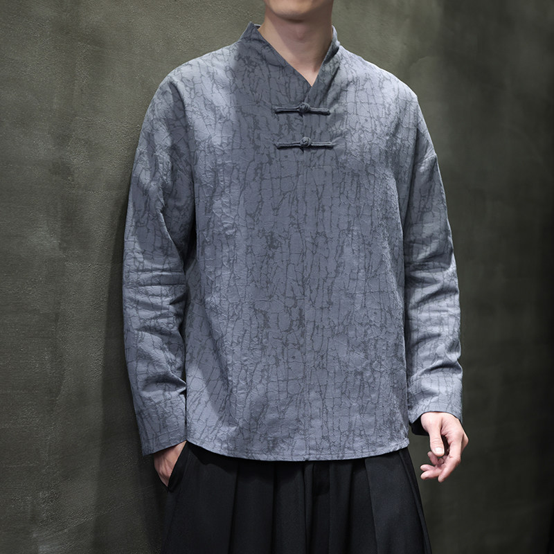 T920*风男士暗纹提花古风复古宽松棉长袖T恤禅服*P60,男装T恤,星座1516（原B303）