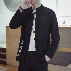 T87* 2021男士长袖棉麻口袋修身休闲衬衣男麻料衬衫 麻本色 *图片