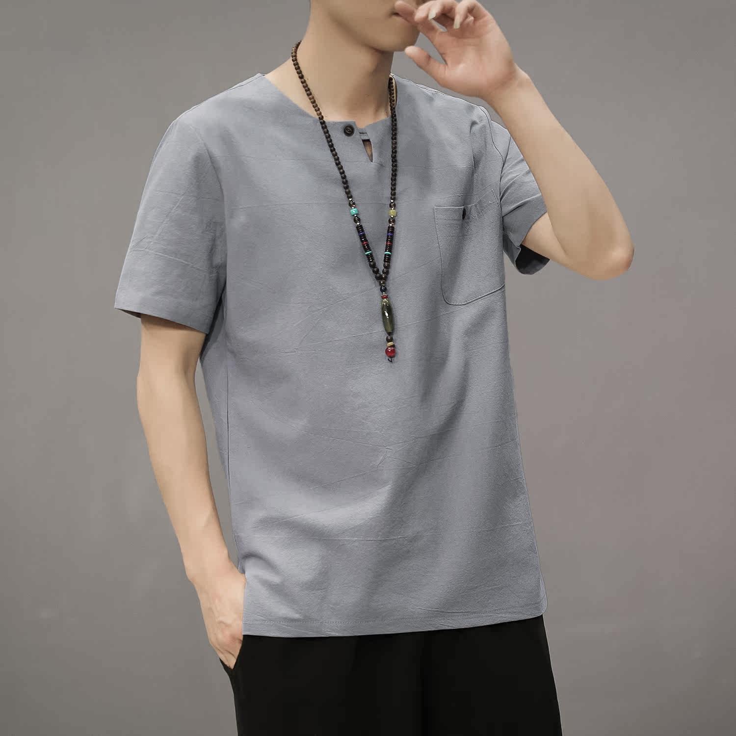 T80*夏季风唐装禅服棉麻短袖古风透气T恤男居仕服*P25,男装T恤,星座1516（原B303）