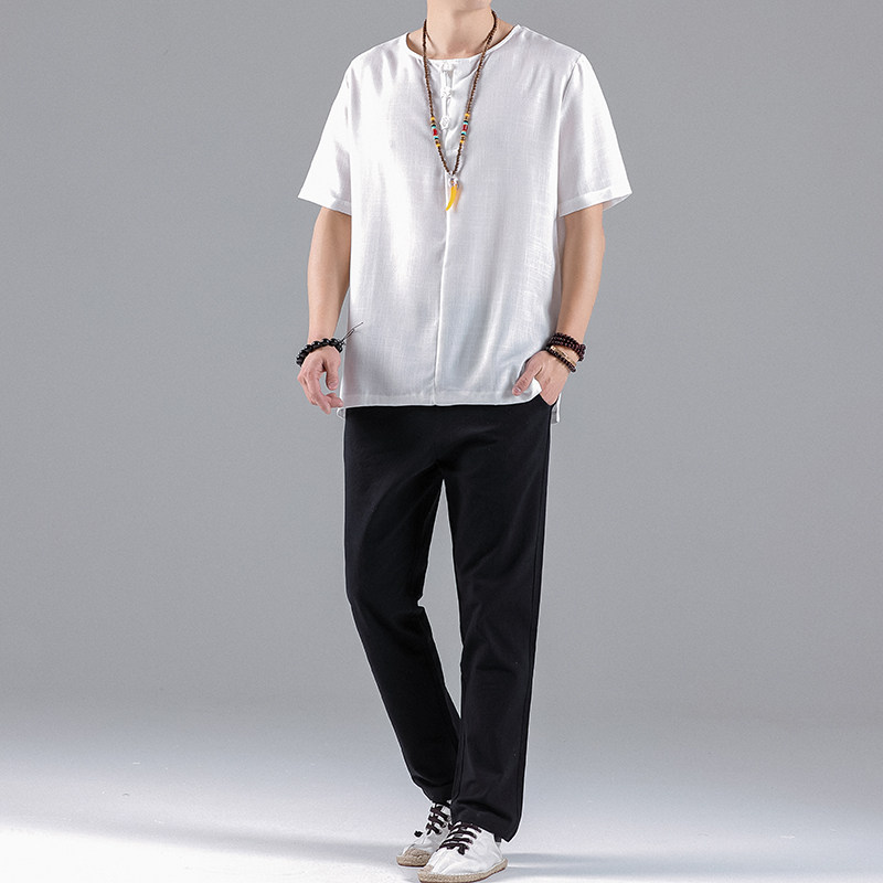 T813*夏季风唐装盘扣圆领短袖古风居仕服T恤禅服*P30,男装T恤,星座1516（原B303）